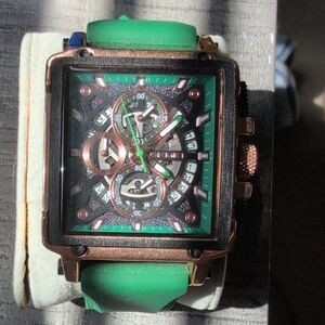 Green Multifunction Men's Square Watch with Rose Gold Case